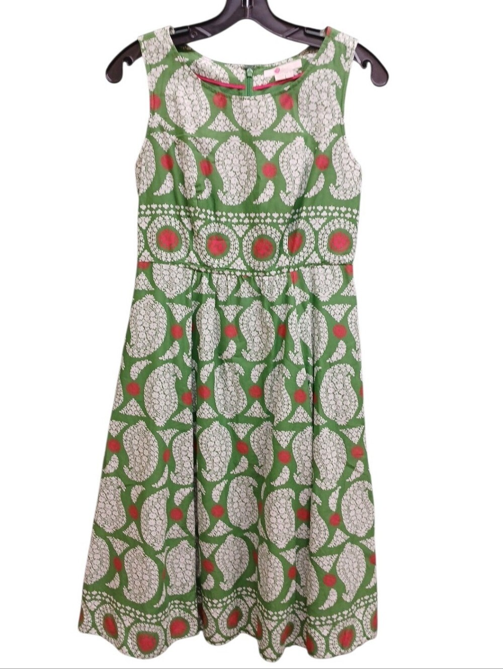 Boden Green Sleeveless Printed Fit-and-Flare Dress White and Pink Motif 2 Petite